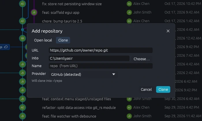 Clone dialog with the provider detected from the URL