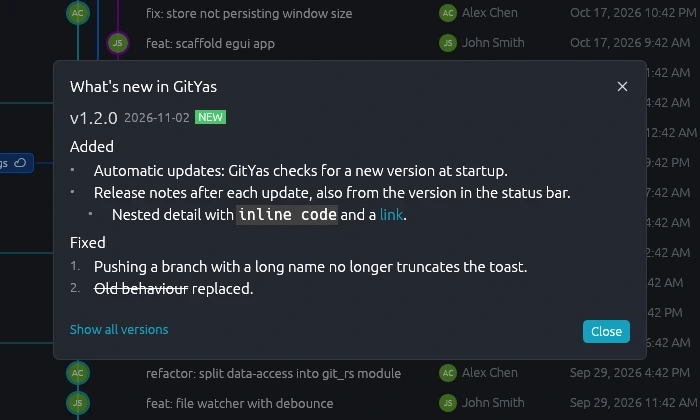 What's new dialog listing the changes in a release